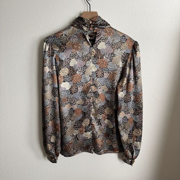 Vtg Unbranded Silky Floral Top Womens 12 Earthy Tones Floral Fairy Grunge Whimsy - Picture 8 of 14